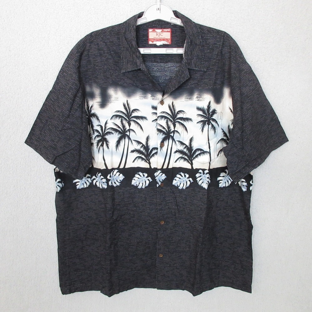 RJC Hawaiian Shirt Mens 2XL Black Palm Tree Tropical Made in Hawaii USA